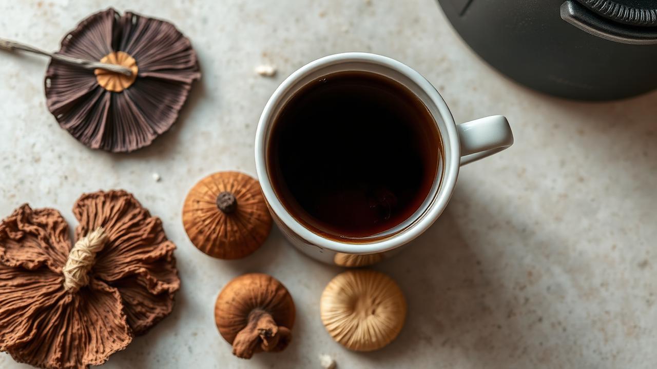 Mug of mushroom elixir beside dried functional mushrooms