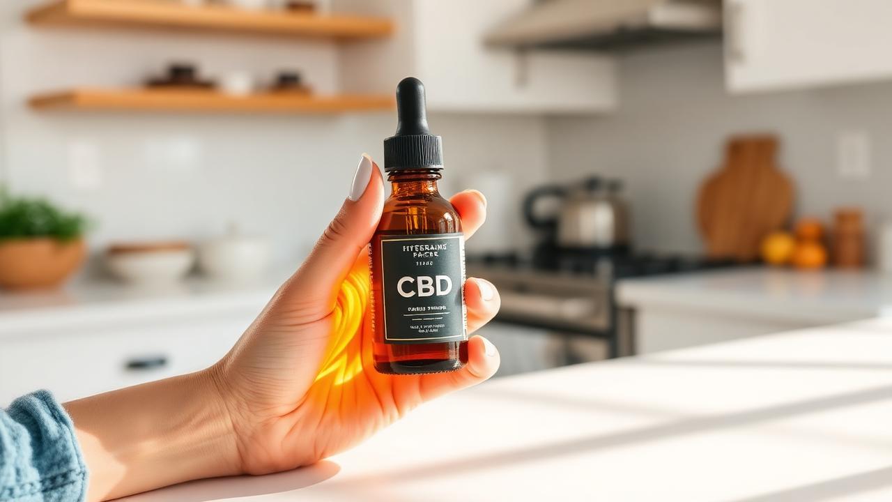 A woman holding a HempWorx style CBD oil dropper bottle in a bright kitchen