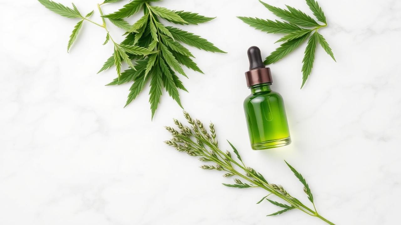 Raw hemp leaves beside a green CBDA hemp oil dropper bottle