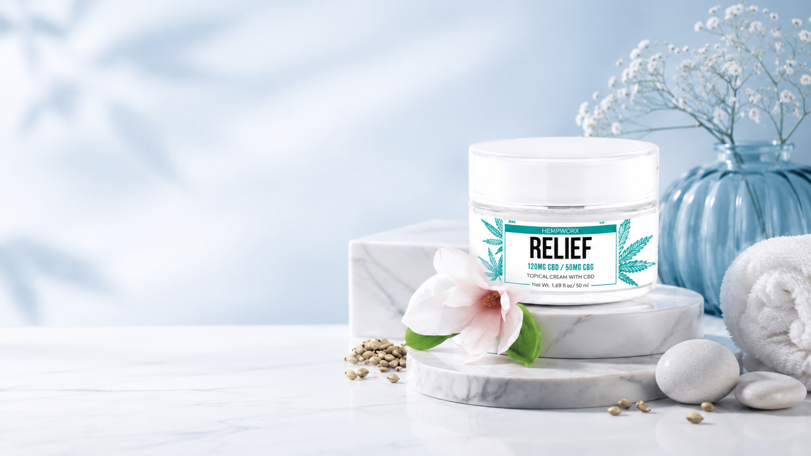 HempWorx CBD Relief Cream banner with the 120mg CBD and 50mg CBG topical jar on marble
