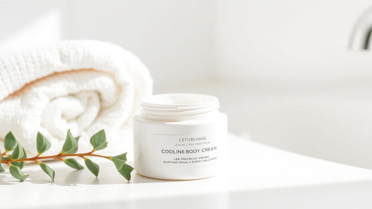 Open jar of cooling CBD relief cream on a bright bathroom counter