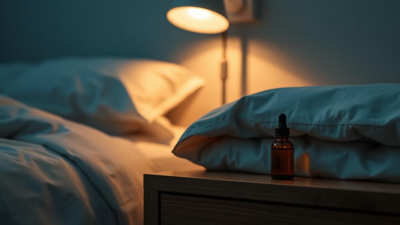 CBD oil bottle on a bedroom nightstand at night