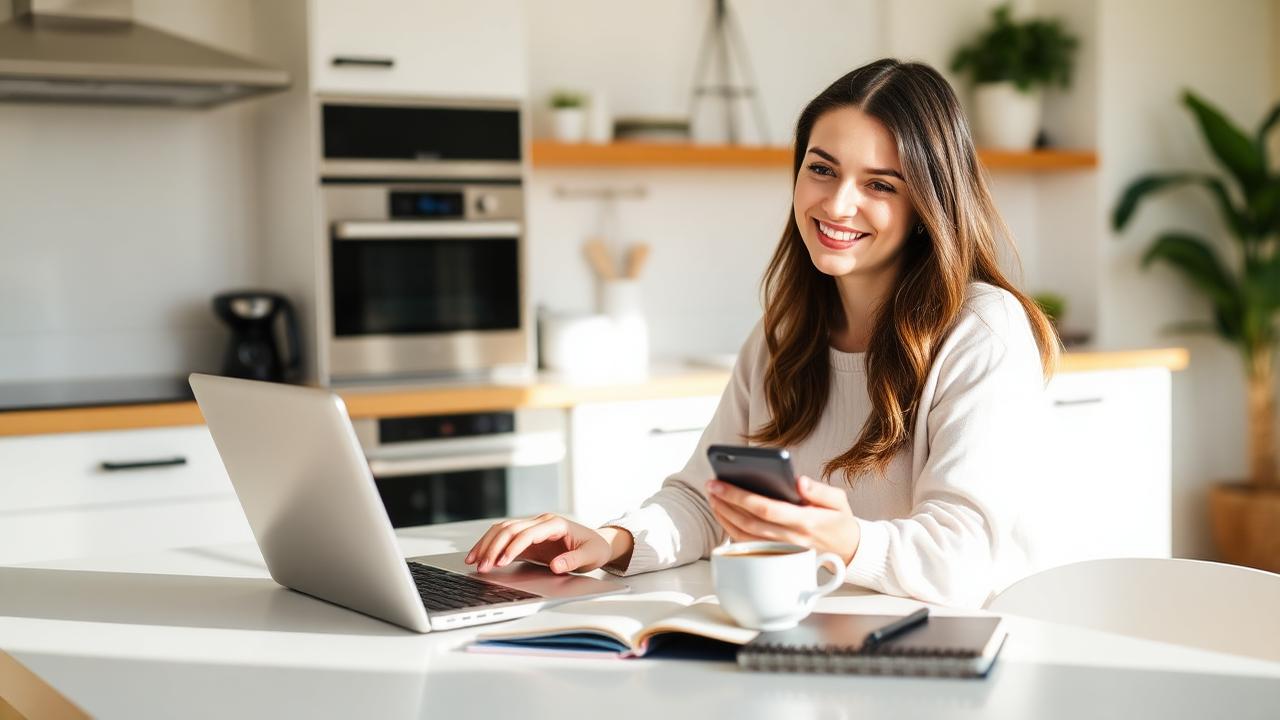 Woman running a hemp business from her kitchen table with a laptop