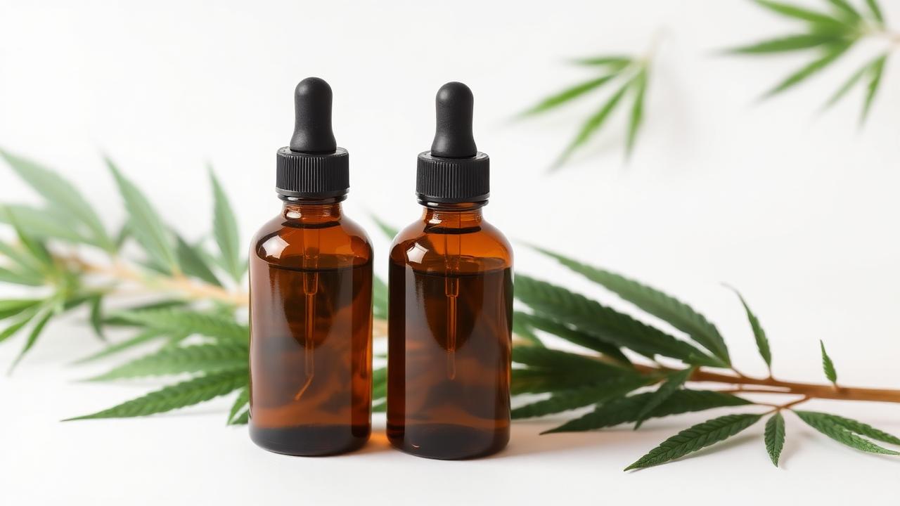 Two hemp CBD oil tincture bottles side by side with hemp leaves