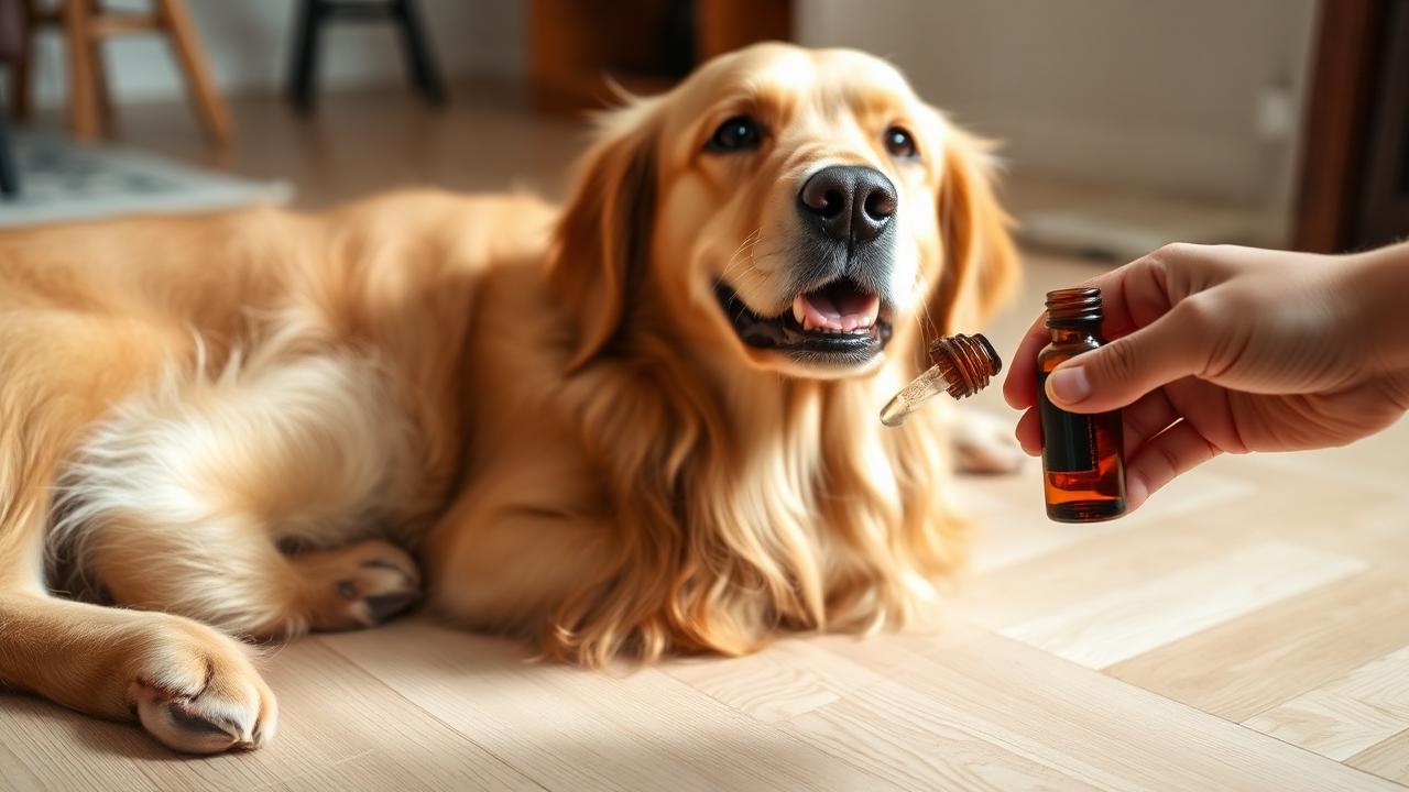 Golden retriever beside a pet CBD tincture dropper bottle