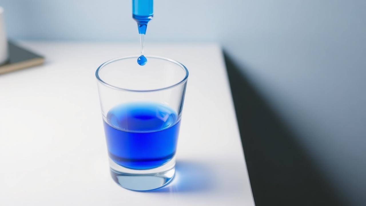 Blue methylene drops falling into a glass of water