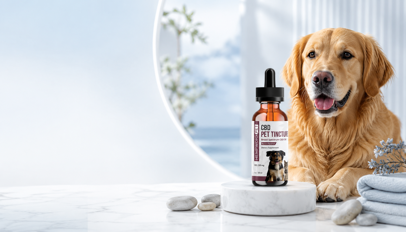HempWorx pet CBD banner with a golden retriever beside the bacon flavored broad spectrum CBD pet tincture
