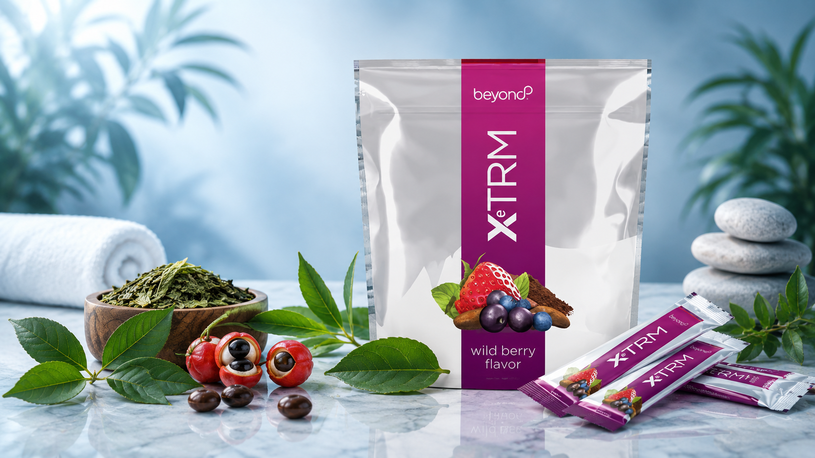 XeTRM wild berry energy drink pouch and stick packs with green tea, guarana and berries